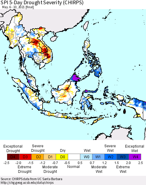 South East Asia SPI 5-Day Drought Severity (CHIRPS) Thematic Map For 5/6/2021 - 5/10/2021