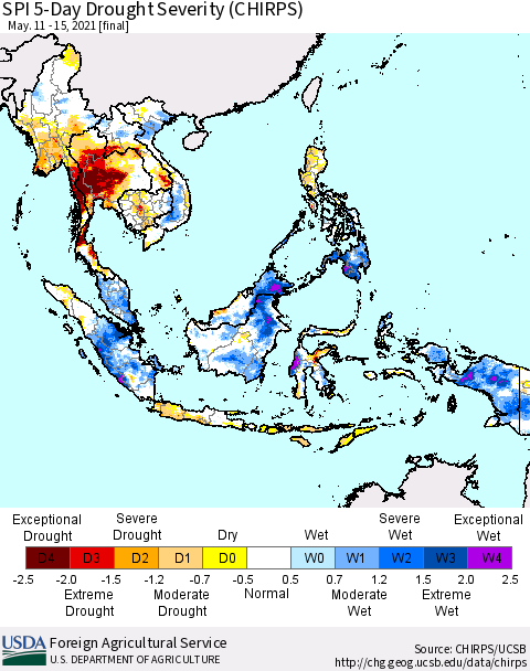 South East Asia SPI 5-Day Drought Severity (CHIRPS) Thematic Map For 5/11/2021 - 5/15/2021