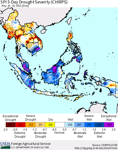 South East Asia SPI 5-Day Drought Severity (CHIRPS) Thematic Map For 5/16/2021 - 5/20/2021