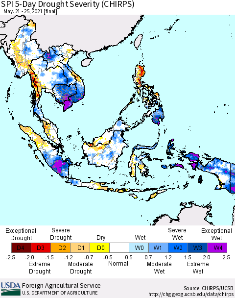 South East Asia SPI 5-Day Drought Severity (CHIRPS) Thematic Map For 5/21/2021 - 5/25/2021