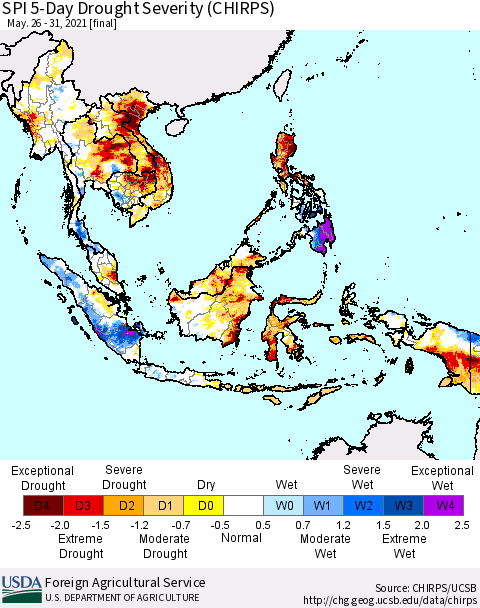 South East Asia SPI 5-Day Drought Severity (CHIRPS) Thematic Map For 5/26/2021 - 5/31/2021