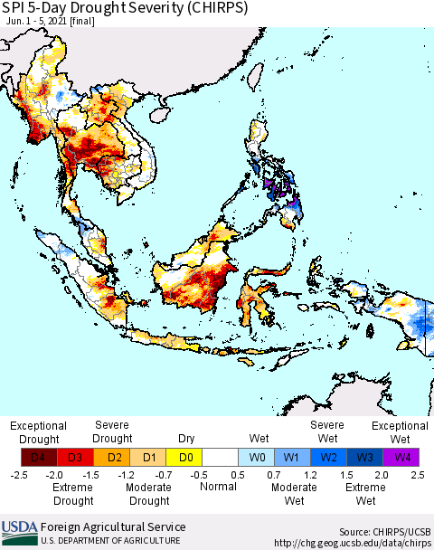 South East Asia SPI 5-Day Drought Severity (CHIRPS) Thematic Map For 6/1/2021 - 6/5/2021