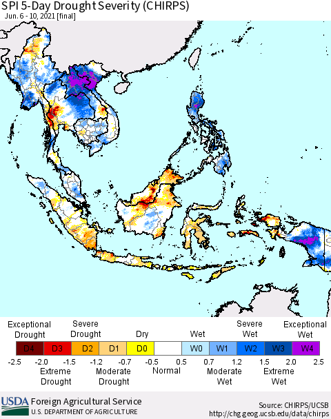 South East Asia SPI 5-Day Drought Severity (CHIRPS) Thematic Map For 6/6/2021 - 6/10/2021