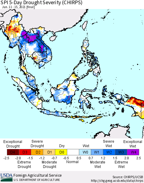 South East Asia SPI 5-Day Drought Severity (CHIRPS) Thematic Map For 6/11/2021 - 6/15/2021