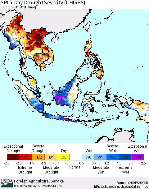 South East Asia SPI 5-Day Drought Severity (CHIRPS) Thematic Map For 6/16/2021 - 6/20/2021