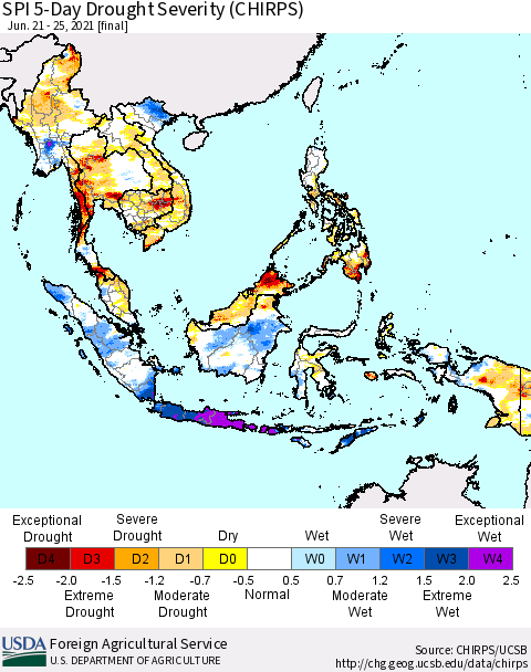 South East Asia SPI 5-Day Drought Severity (CHIRPS) Thematic Map For 6/21/2021 - 6/25/2021