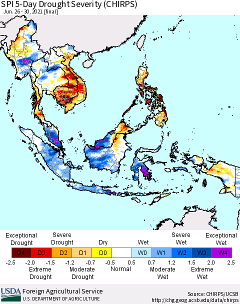 South East Asia SPI 5-Day Drought Severity (CHIRPS) Thematic Map For 6/26/2021 - 6/30/2021