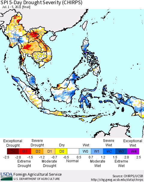 South East Asia SPI 5-Day Drought Severity (CHIRPS) Thematic Map For 7/1/2021 - 7/5/2021
