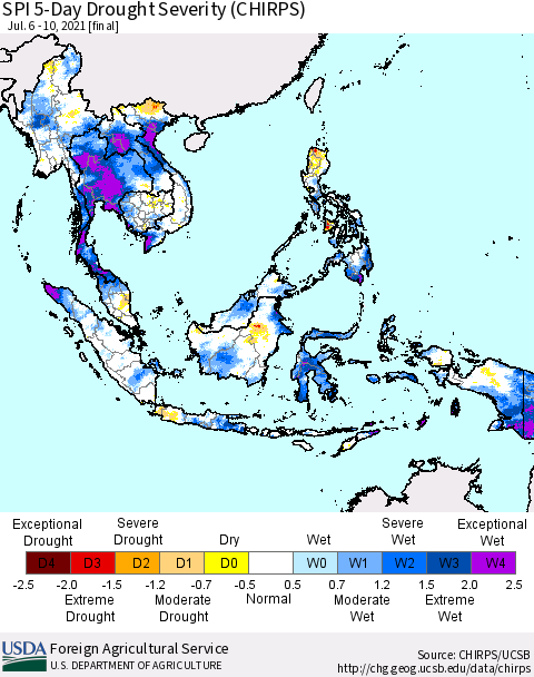 South East Asia SPI 5-Day Drought Severity (CHIRPS) Thematic Map For 7/6/2021 - 7/10/2021