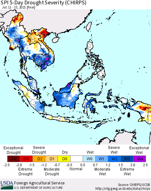 South East Asia SPI 5-Day Drought Severity (CHIRPS) Thematic Map For 7/11/2021 - 7/15/2021