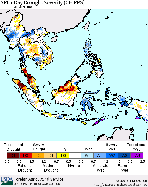 South East Asia SPI 5-Day Drought Severity (CHIRPS) Thematic Map For 7/16/2021 - 7/20/2021