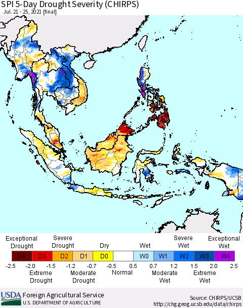South East Asia SPI 5-Day Drought Severity (CHIRPS) Thematic Map For 7/21/2021 - 7/25/2021
