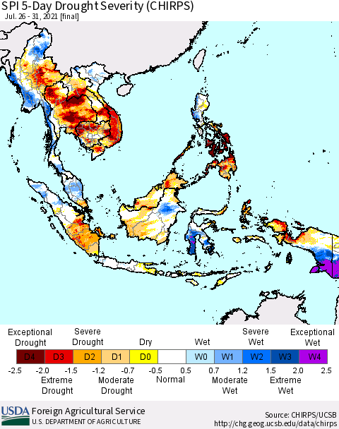 South East Asia SPI 5-Day Drought Severity (CHIRPS) Thematic Map For 7/26/2021 - 7/31/2021