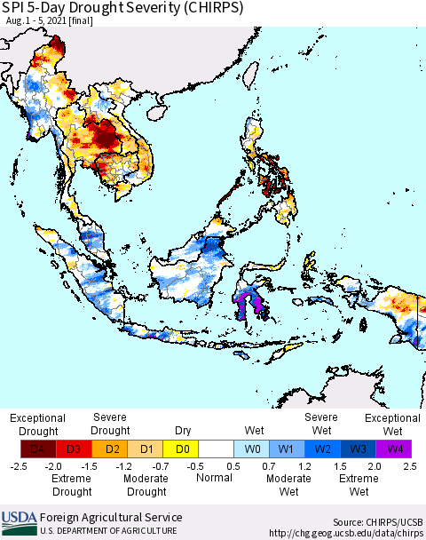 South East Asia SPI 5-Day Drought Severity (CHIRPS) Thematic Map For 8/1/2021 - 8/5/2021
