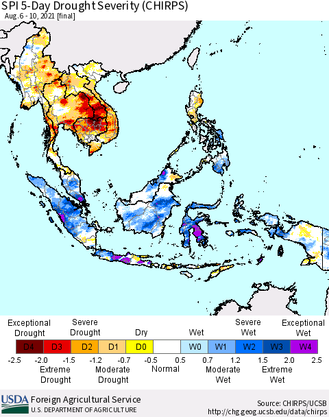 South East Asia SPI 5-Day Drought Severity (CHIRPS) Thematic Map For 8/6/2021 - 8/10/2021