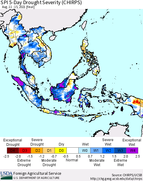 South East Asia SPI 5-Day Drought Severity (CHIRPS) Thematic Map For 8/11/2021 - 8/15/2021