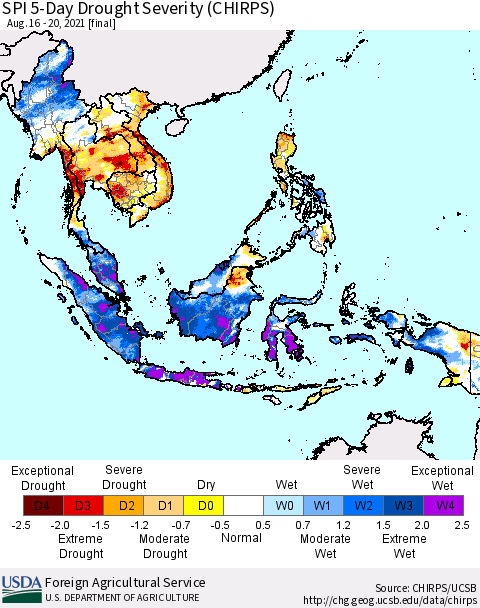 South East Asia SPI 5-Day Drought Severity (CHIRPS) Thematic Map For 8/16/2021 - 8/20/2021