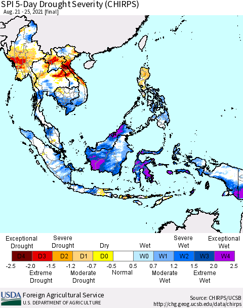 South East Asia SPI 5-Day Drought Severity (CHIRPS) Thematic Map For 8/21/2021 - 8/25/2021