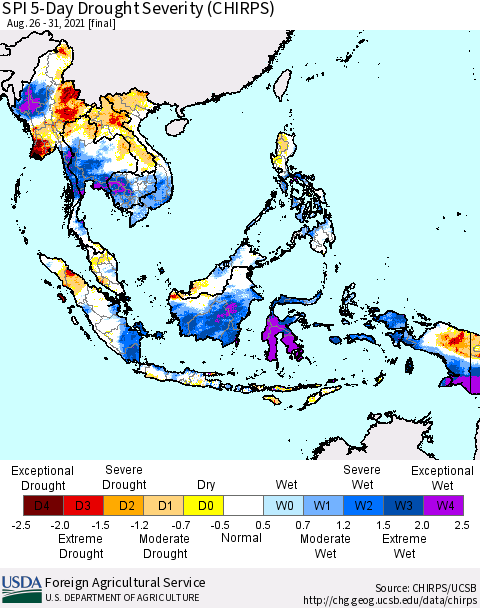 South East Asia SPI 5-Day Drought Severity (CHIRPS) Thematic Map For 8/26/2021 - 8/31/2021