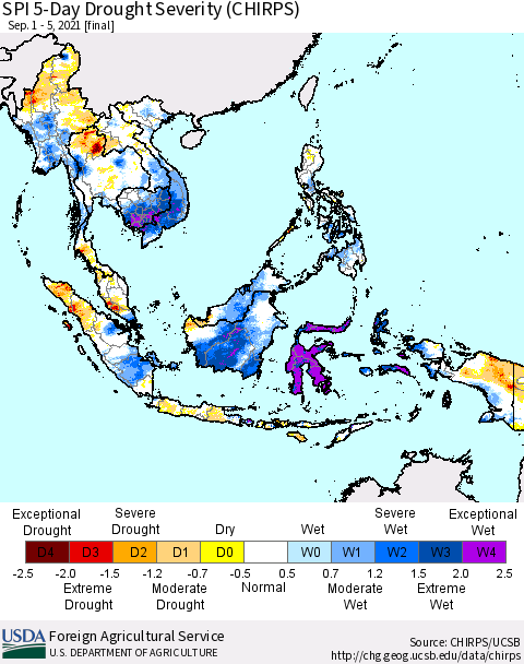 South East Asia SPI 5-Day Drought Severity (CHIRPS) Thematic Map For 9/1/2021 - 9/5/2021