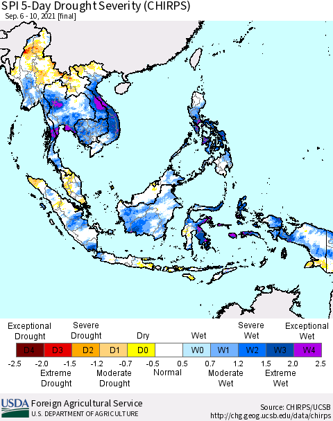 South East Asia SPI 5-Day Drought Severity (CHIRPS) Thematic Map For 9/6/2021 - 9/10/2021