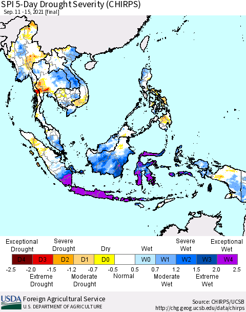 South East Asia SPI 5-Day Drought Severity (CHIRPS) Thematic Map For 9/11/2021 - 9/15/2021