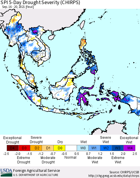 South East Asia SPI 5-Day Drought Severity (CHIRPS) Thematic Map For 9/16/2021 - 9/20/2021
