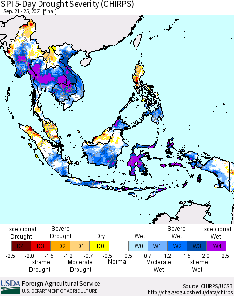 South East Asia SPI 5-Day Drought Severity (CHIRPS) Thematic Map For 9/21/2021 - 9/25/2021