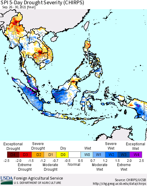 South East Asia SPI 5-Day Drought Severity (CHIRPS) Thematic Map For 9/26/2021 - 9/30/2021