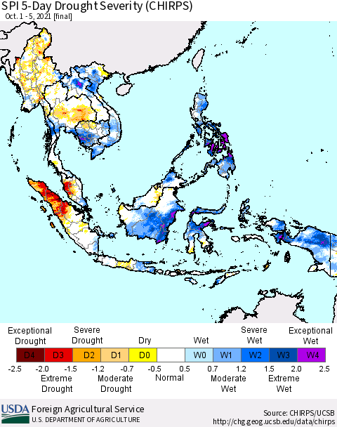 South East Asia SPI 5-Day Drought Severity (CHIRPS) Thematic Map For 10/1/2021 - 10/5/2021