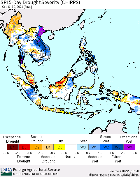 South East Asia SPI 5-Day Drought Severity (CHIRPS) Thematic Map For 10/6/2021 - 10/10/2021