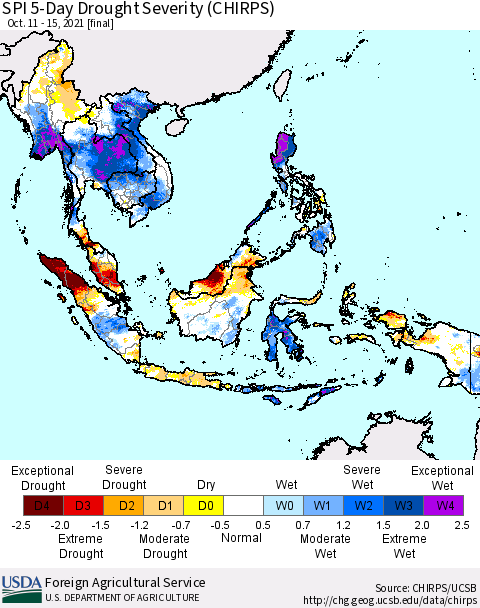 South East Asia SPI 5-Day Drought Severity (CHIRPS) Thematic Map For 10/11/2021 - 10/15/2021
