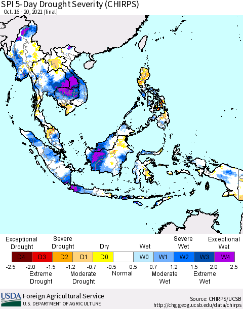 South East Asia SPI 5-Day Drought Severity (CHIRPS) Thematic Map For 10/16/2021 - 10/20/2021