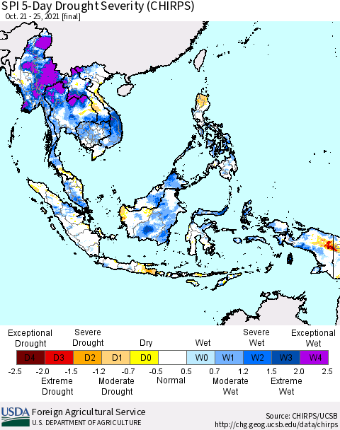 South East Asia SPI 5-Day Drought Severity (CHIRPS) Thematic Map For 10/21/2021 - 10/25/2021