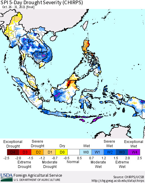 South East Asia SPI 5-Day Drought Severity (CHIRPS) Thematic Map For 10/26/2021 - 10/31/2021