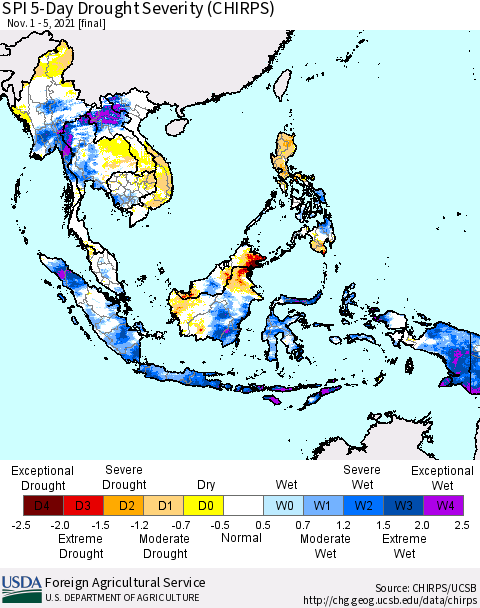 South East Asia SPI 5-Day Drought Severity (CHIRPS) Thematic Map For 11/1/2021 - 11/5/2021