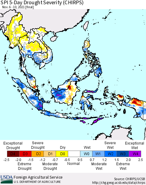 South East Asia SPI 5-Day Drought Severity (CHIRPS) Thematic Map For 11/6/2021 - 11/10/2021