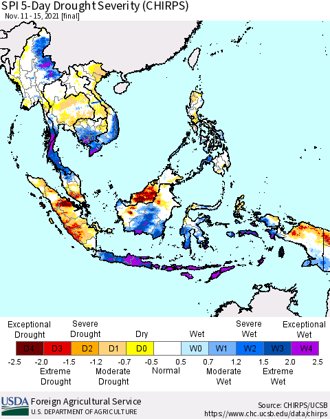 South East Asia SPI 5-Day Drought Severity (CHIRPS) Thematic Map For 11/11/2021 - 11/15/2021