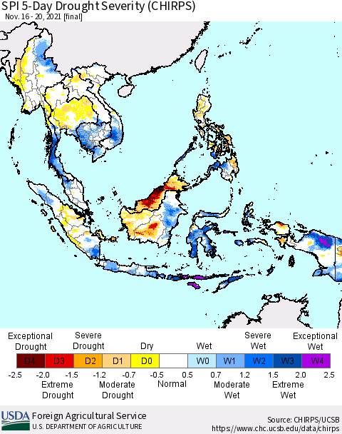 South East Asia SPI 5-Day Drought Severity (CHIRPS) Thematic Map For 11/16/2021 - 11/20/2021