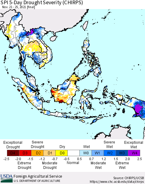 South East Asia SPI 5-Day Drought Severity (CHIRPS) Thematic Map For 11/21/2021 - 11/25/2021