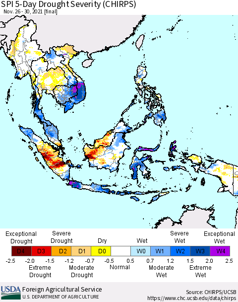South East Asia SPI 5-Day Drought Severity (CHIRPS) Thematic Map For 11/26/2021 - 11/30/2021