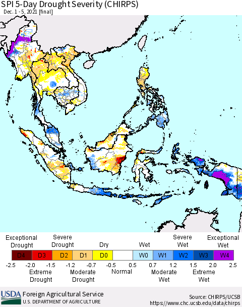 South East Asia SPI 5-Day Drought Severity (CHIRPS) Thematic Map For 12/1/2021 - 12/5/2021