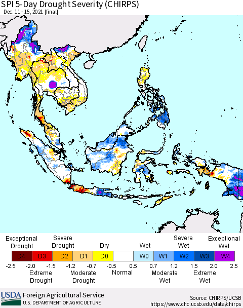 South East Asia SPI 5-Day Drought Severity (CHIRPS) Thematic Map For 12/11/2021 - 12/15/2021