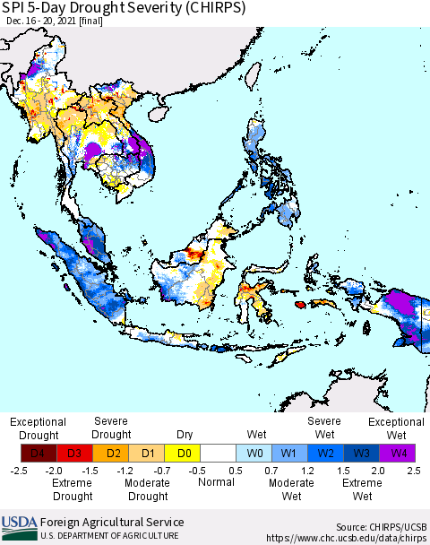South East Asia SPI 5-Day Drought Severity (CHIRPS) Thematic Map For 12/16/2021 - 12/20/2021