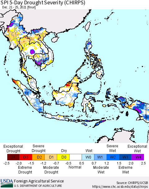 South East Asia SPI 5-Day Drought Severity (CHIRPS) Thematic Map For 12/21/2021 - 12/25/2021