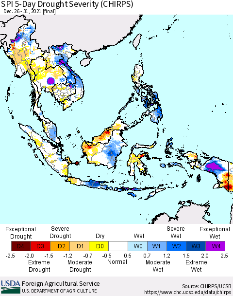 South East Asia SPI 5-Day Drought Severity (CHIRPS) Thematic Map For 12/26/2021 - 12/31/2021