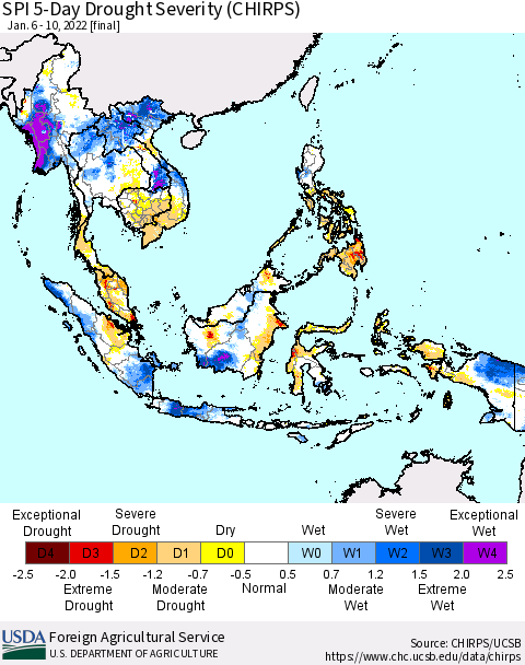 South East Asia SPI 5-Day Drought Severity (CHIRPS) Thematic Map For 1/6/2022 - 1/10/2022