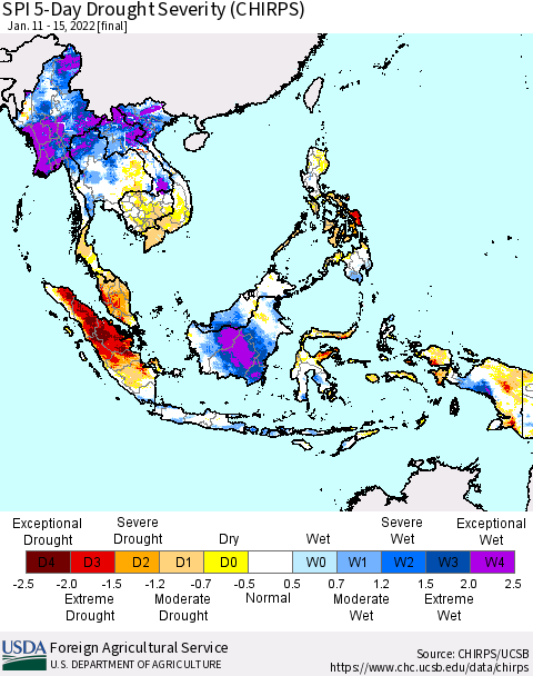 South East Asia SPI 5-Day Drought Severity (CHIRPS) Thematic Map For 1/11/2022 - 1/15/2022