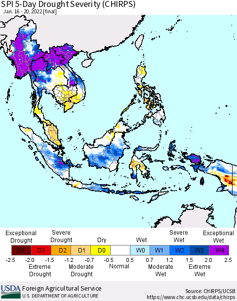 South East Asia SPI 5-Day Drought Severity (CHIRPS) Thematic Map For 1/16/2022 - 1/20/2022