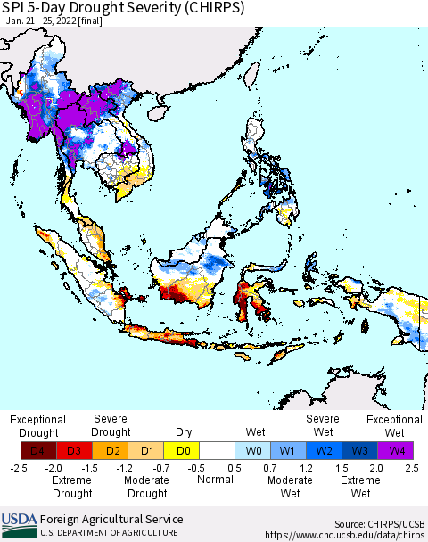 South East Asia SPI 5-Day Drought Severity (CHIRPS) Thematic Map For 1/21/2022 - 1/25/2022
